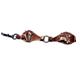 Vintage Copper Texured Leaf Link Bracelet Black Accents 7.75 Inches Earthy Oval